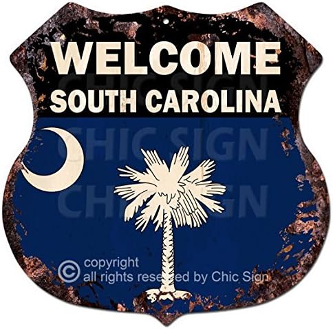 Welcome South Carolina State Flag Vintage Retro Rustic 11.5"x 11.5" Shield Metal Plate Store Home Room Wall Decor Gift