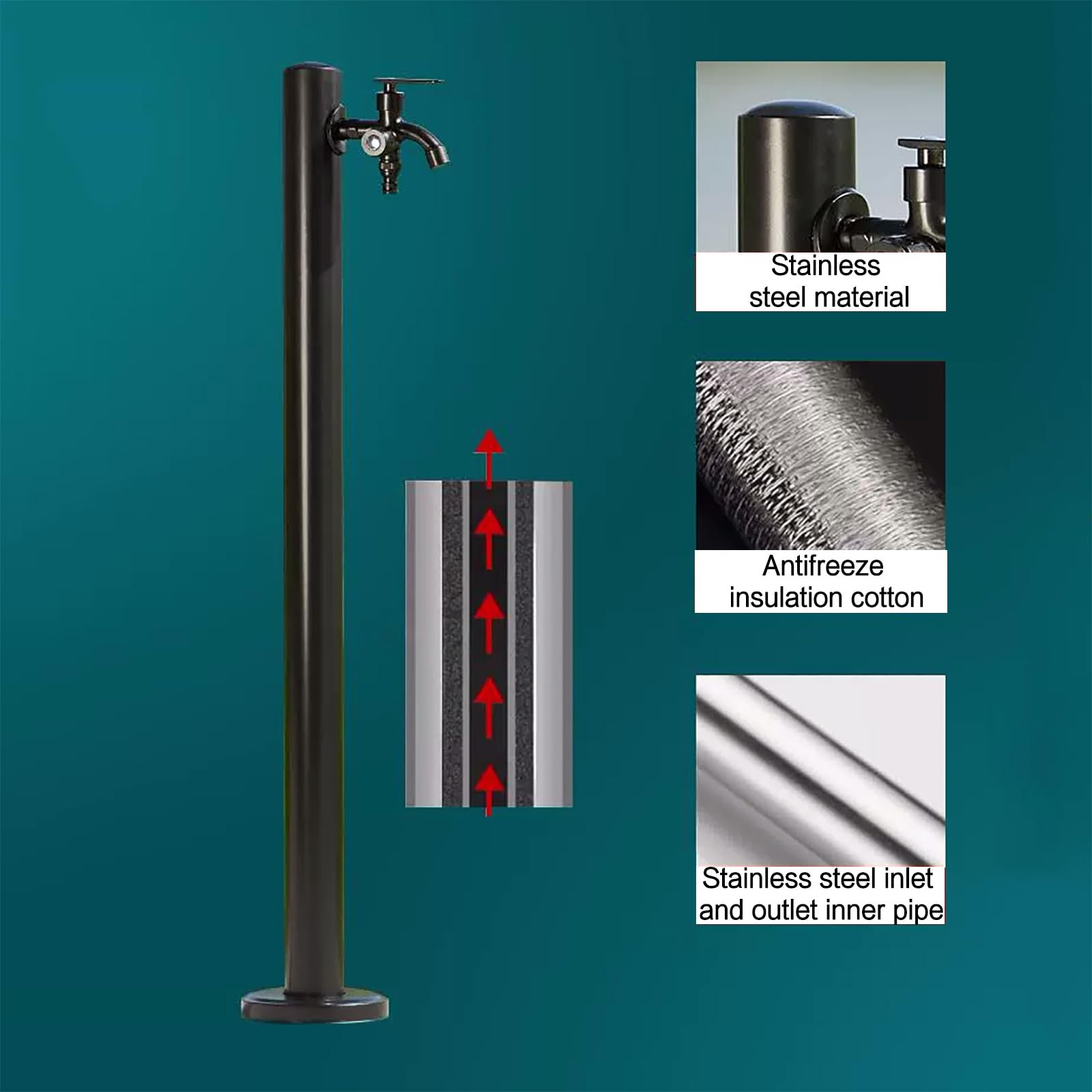 Colonne d'arrosage de jardin autoportante en acier inoxydable avec robinet, support de tuyau vertical de 94 cm, distributeur d'eau antigel pour jardin décoratif, borne d'arrosage durable à f