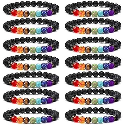 CASDAN 14 Pcs 8mm Lava Stone Bracelet for Women Men 7 Chakra Aromatherapy Essential Oil Diffuser Bracelet Natural Stone Beads Yoga Bracelet Cover