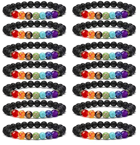 CASDAN 2-14 Pcs 8mm Lava Stone Bracelet for Women Men 7 Chakra Aromatherapy Essential Oil Diffuser Bracelet Natural Stone Beads Yoga Bracelet