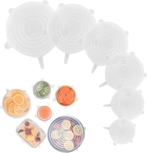 Miniatura 8 de Tapas elásticas de silicona, paquete de 6 fundas reutilizables para alimentos, silicona flexible para cuencos, recipientes, frutas, sello hermético