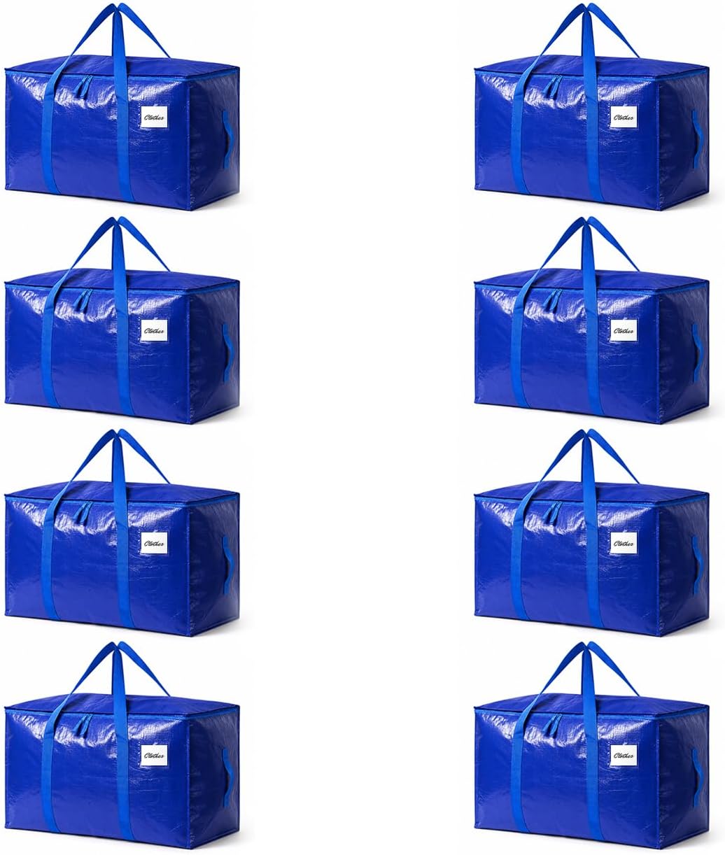 Blue Moving Bags, 8 Pack Large Storage Bags with Zipper and Carry Handles, Foldable Packing Totes for Clothes, Bedding, Closet, Laundry and Moving