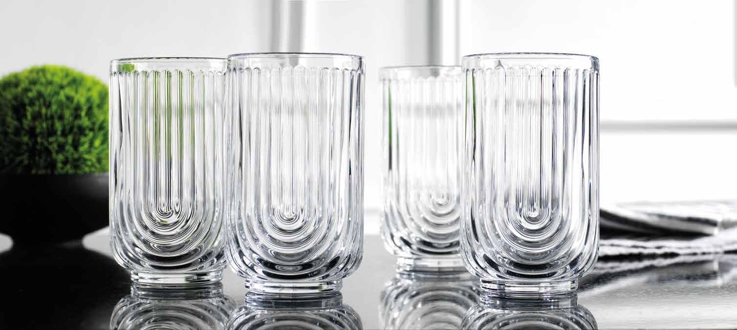 Glaver's Juego de 8 vasos de 17 onzas, vasos de cóctel ondulados, vasos acanalados, vasos de vidrio Highball. Cristalería Art Deco con diseño de arco para agua, jugo, café.