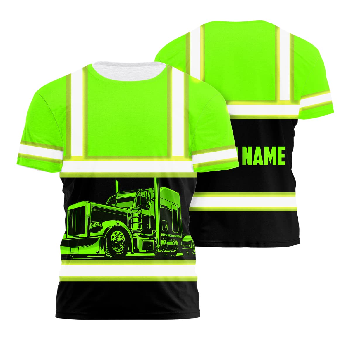 Matedecor Safety Shirt Green Semi Truck Driver Customize Name High Visibility Shirt for Men Reflective Shirt Hi Vis Shirt Workwear for Runners, Walkers, Trucker, Operator, Patriotic-2XL