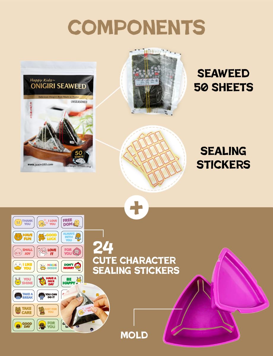 Emballage d'algues coréennes pour boule de riz triangulaire onigiri 40 feuilles avec moule | 40 standard + 24 autocollants d'étanchéité supplémentaires (total 64) – Nori torréfié deux fois, facile à