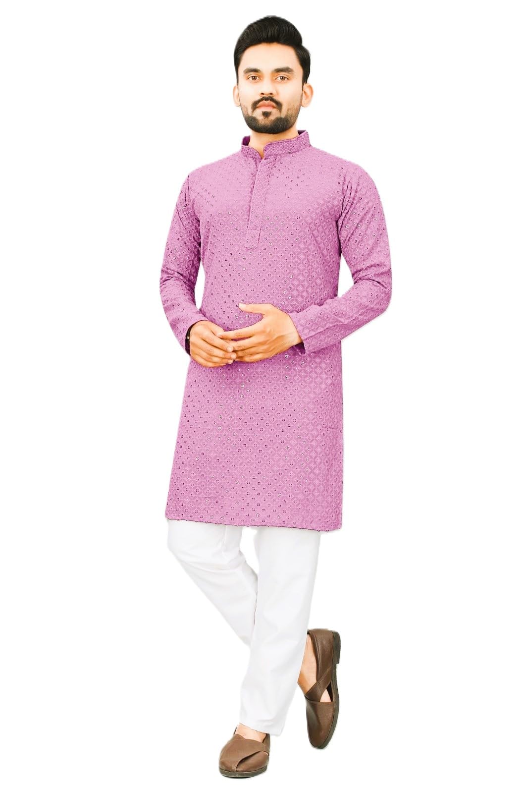 Estationeryhouse Kurta-Pyjama für Herren mit gerader Passform aus Baumwolle (Rayon), schwere Stickerei vorne und hinten (mit weißem Schlafanzug)