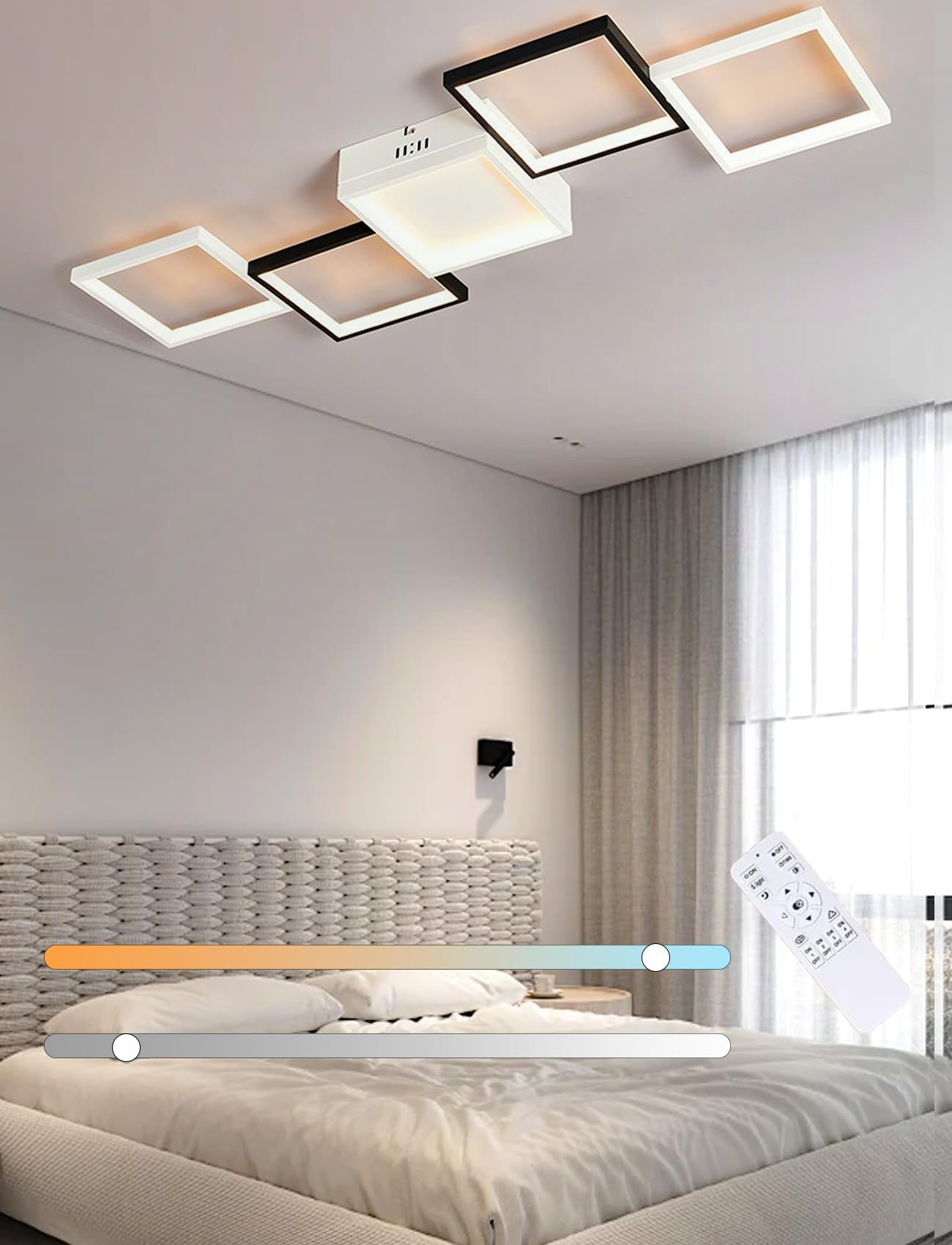 Plafonnier LED pour chambre à coucher, lustre carré noir variable avec télécommande salon - 8