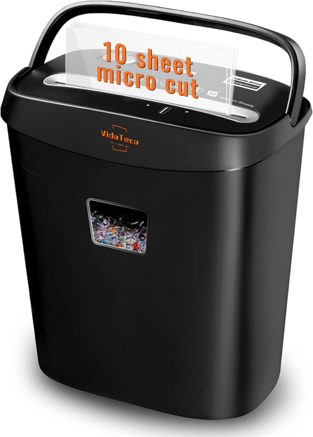 Vidateco ten-sheet paper shredder in black with lift-out bin