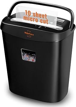 Vidateco 10 Sheet Mini Cut Paper Shredder for Home Office | P4 High Security, Jam Proof, 5 Mins Continuous Shred, Shred Credit Card Staple Clip, 15L Waste Bin With Portable Handle