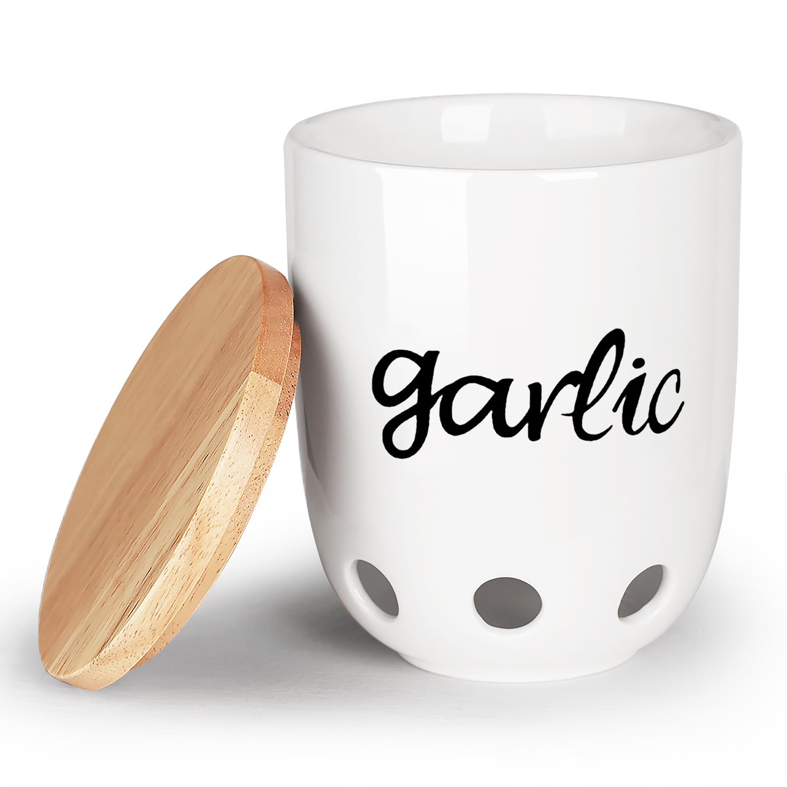 Garlic Keeper for Counter, Ceramic Garlic Saver Container with Wood Lid, Garlic Holder for Kitchen, Garlic Keeper to Keep Your Garlic Cloves Fresh Longer, White