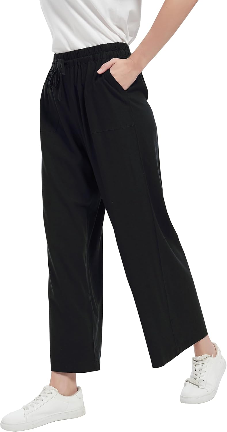 Tronjori Women Linen Blend Palazzo Pants Summer Boho Wide Leg High Waist Casual Lounge Pant with Drawstring - Image 2
