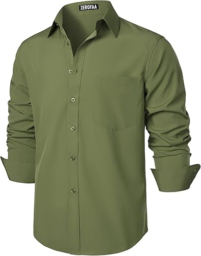 Miniatura 2 de ZEROYAA Camisa de vestir de ajuste regular para hombre, color liso, sin arrugas, manga larga, casual, para negocios, con botones, con bolsillo