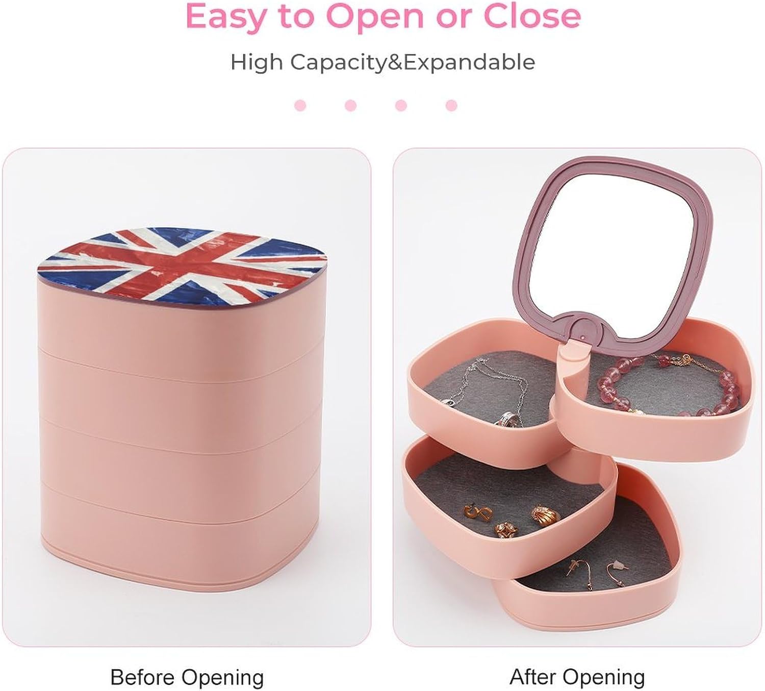 British Flag Jewelry Box 360° Rotatable Jewelry Organizer 4 Layers Jewelry Case with Lid Fashion Portable Earring Holder for Bracelets Rings Bracelets Vanity image 3
