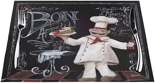 Miniatura 17 de Juego de 4 manteles individuales de tela de chef de cocina, manteles individuales de lino con patrón de cocinero gordo de dibujos animados,