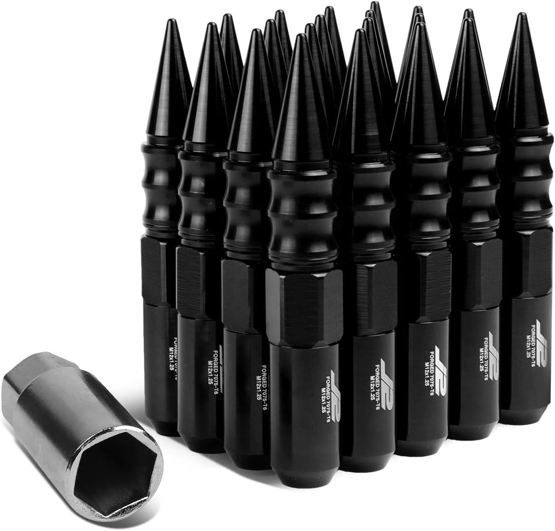 J2 Engineering LN-T7-015-125-BK 20Pcs M12 x 1.25 7075-T6 Aluminum 123mm Spiked Cap Lug Nut w/Socket Adapter (Black)