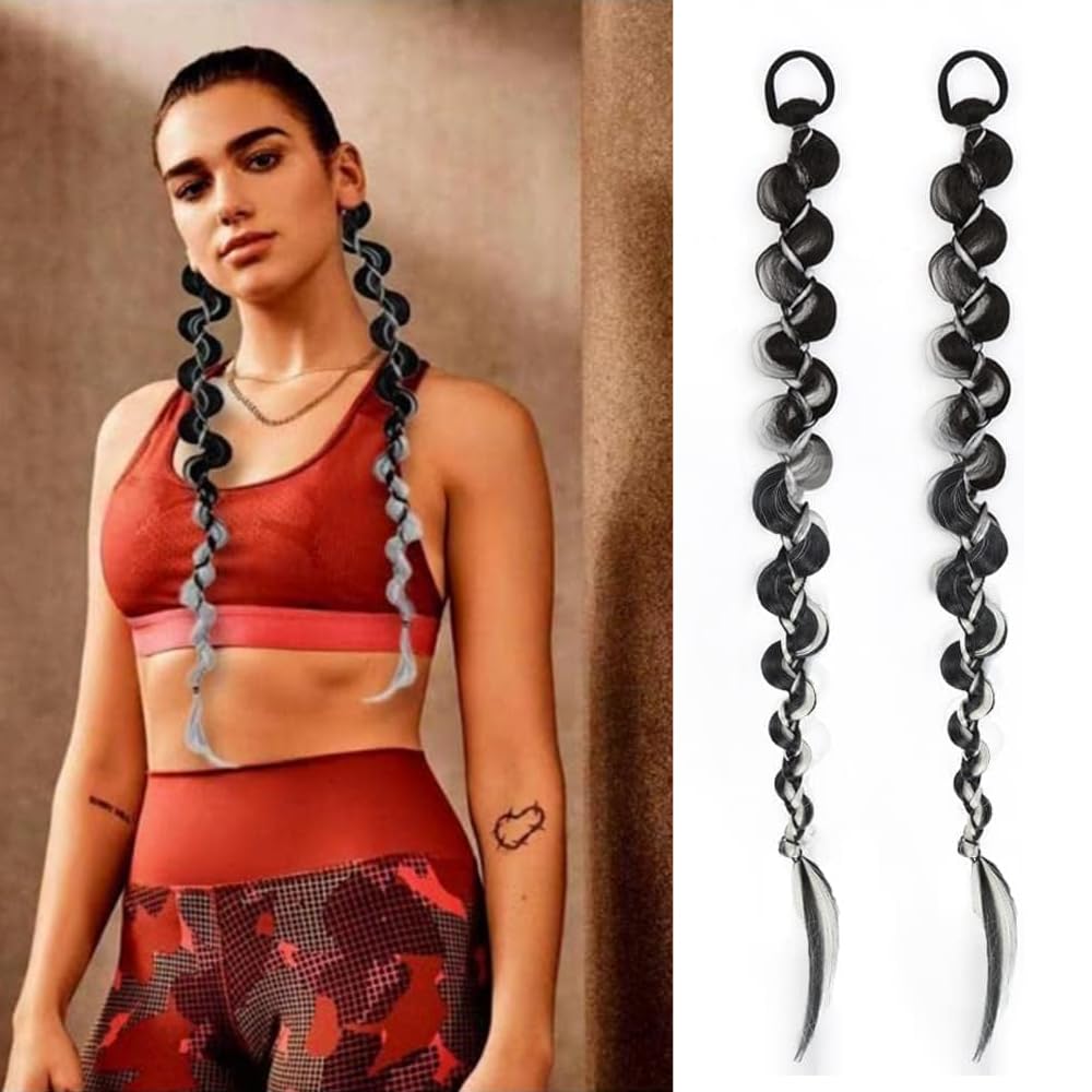 Goodern 2PCS Long Braided Ponytail Extension with Hair Band, Elastic Rubber Straight Wrap Around Hair Extensions Natural Synthetic Hair Piece Soft Ponytail for Girls Women Party Daily Wear-Black
