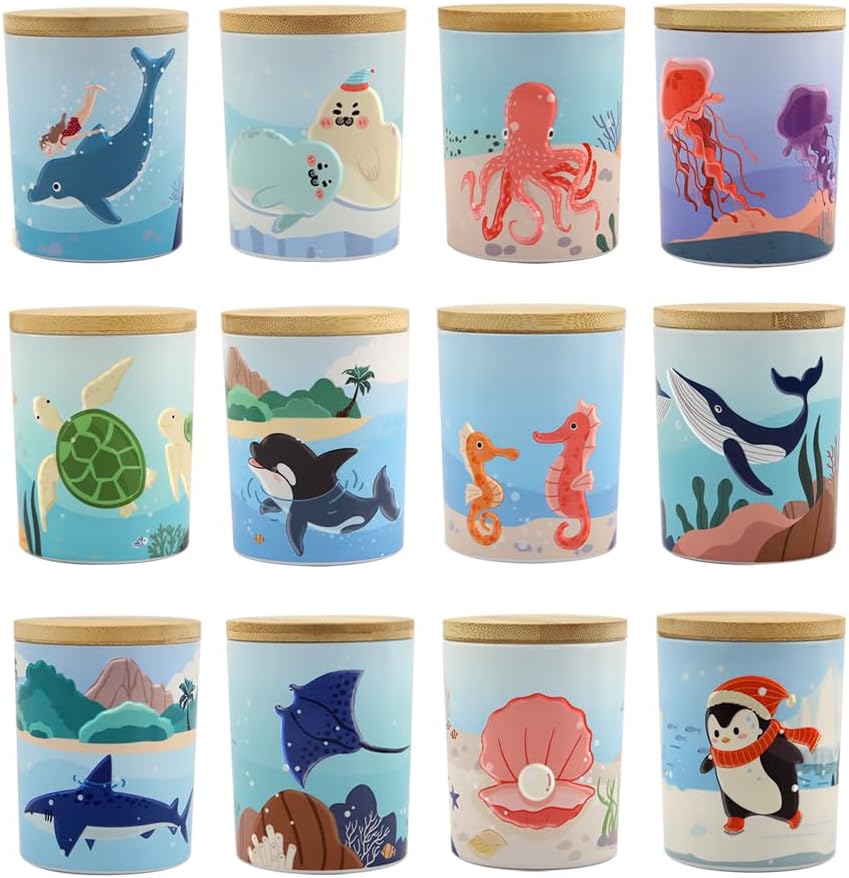 12 Pack 7 OZ Ocean Blue Glass Candle Making Jar with Bamboo Airtight Lids, Empty Storage Container DIY Candle Jar, Labels, Gifts (Ocean blue)