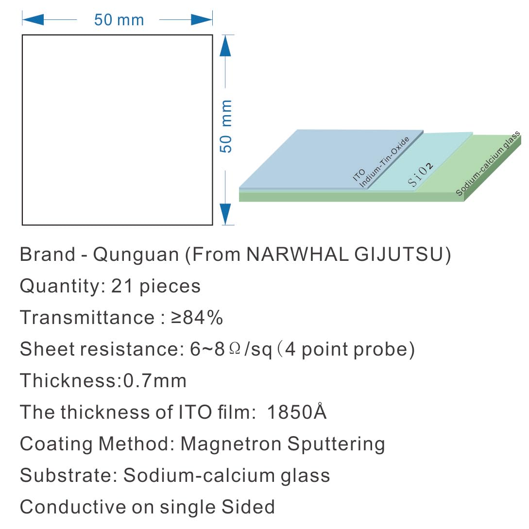 Qunguan 7 Ω/Square ITO(Indium Tin Oxide) Coated Conductive Glass Substrates 21Pcs (50x50x0.7mm)