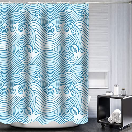 Emdspr Ocean Wave Shower Curtain, 72 X 72 Inch Polyester, Blue Modern Abstract Traditional Hand-Painted Japanese Wave Bathroom Curtains Decor Set With 12 Hooks Ylrlpr44 #TOP1