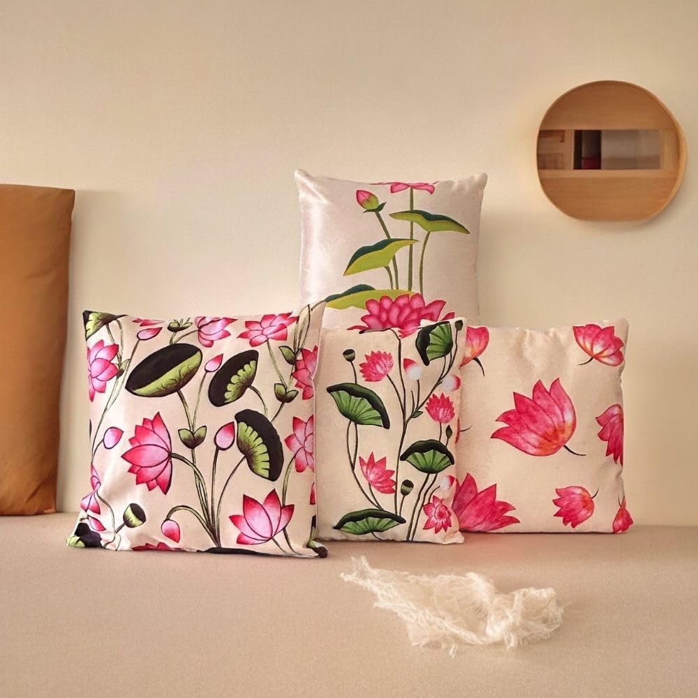 Cushions Pillow Cover 24 inch x 24 inch Satin Lotus Flower Digital Printed Sofa Decorative Stitched Microfiber Throw Pillow Covers for Living Bed Room (Set of 4)-image-13