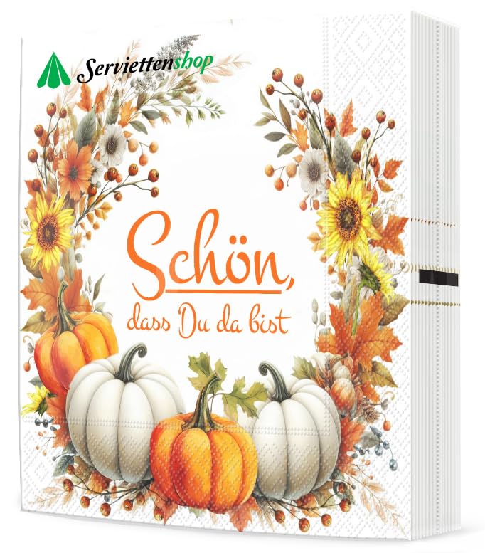 20 Servietten Herbst Schön im Kranz mit Kürbisse als Tischdeko mit Spruch Schön, dass Du da bist. Herbstliche Papierservietten mit Motiv. Auch für