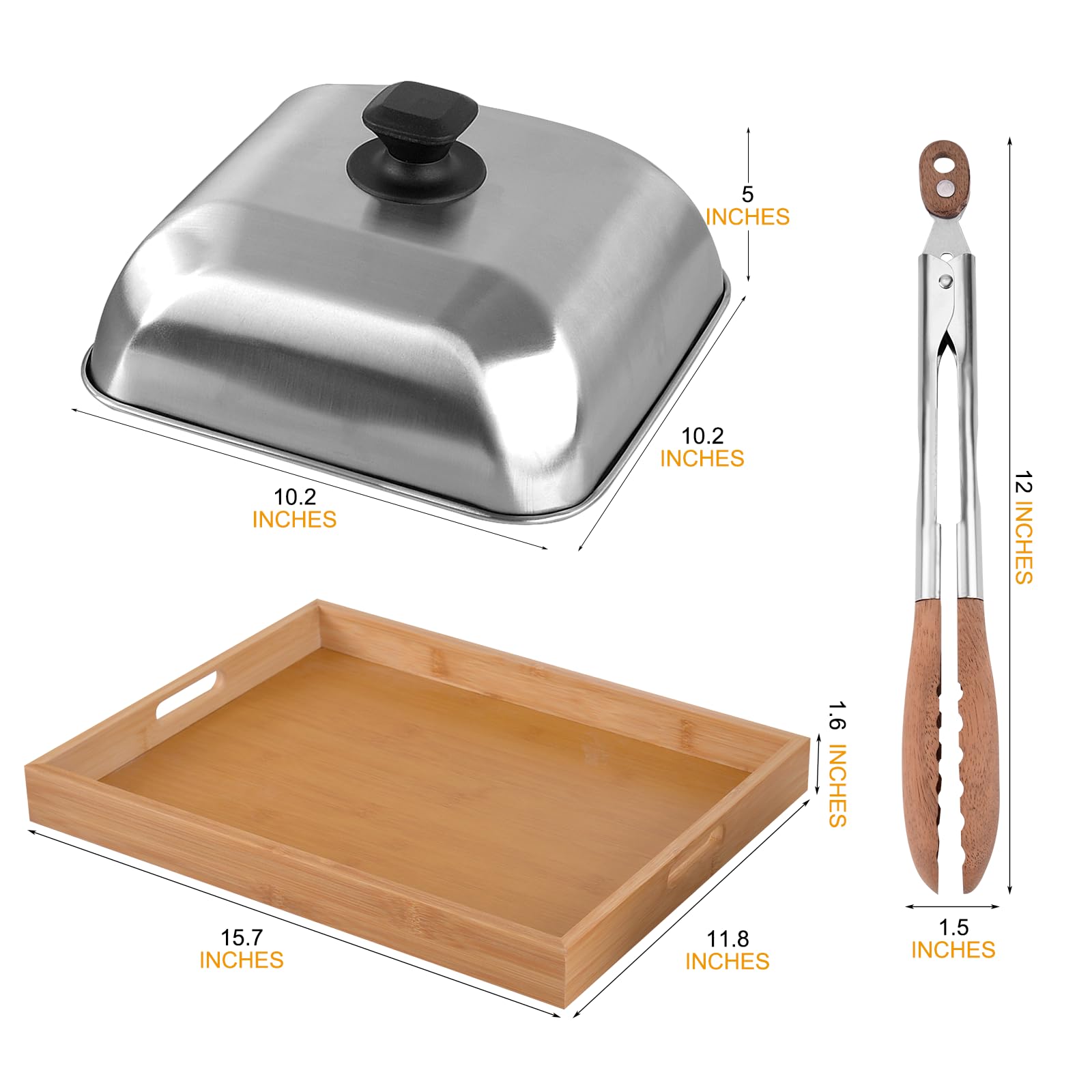 Accesorios de cocina/plancha 3 en 1: pinzas de madera, bandeja de madera y cubierta de parrilla de acero inoxidable, adecuado para barbacoa al aire libre, cocina y platos para servir