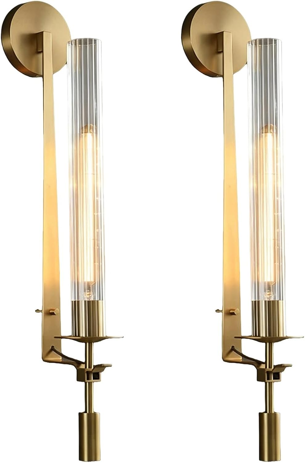 LIGHTLAND Gold Wall Sconces Set of 2, 28 Inch Modern Metal Glass Wall Light Fixture, Wall Lamp for Living Room Bedroom Hallway