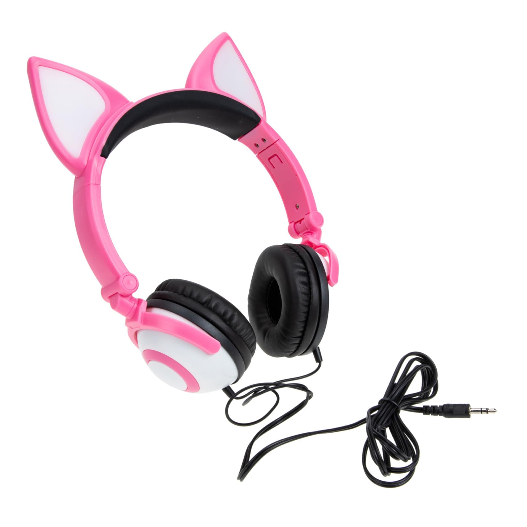 Cuffie per Bambini Orecchie da Gatto Rosa 40mm in Pvc | Luci Ambientali Controllate da Pulsante, Archetto Regolabile, Jack 3, 5mm Dritto, Batteria 180 Mah