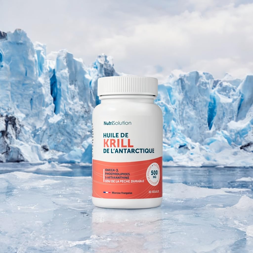 Huile de Krill Antarctique : Oméga-3 Premium avec Phospholipides & Astaxanthine - Soutient Cœur, Cerveau & Articulations - 500mg, 30 Capsules - Durable - Fabriqué en France par NutriSolution (1)