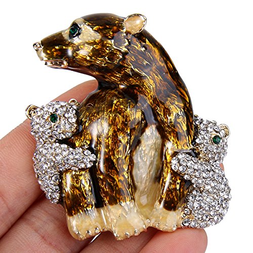 Ever Faith Cute Animal Jewelry Crystal Brown Enamel Bear Family Mother And Child Brooch Pin Clear Gold-Tone #TOP1
