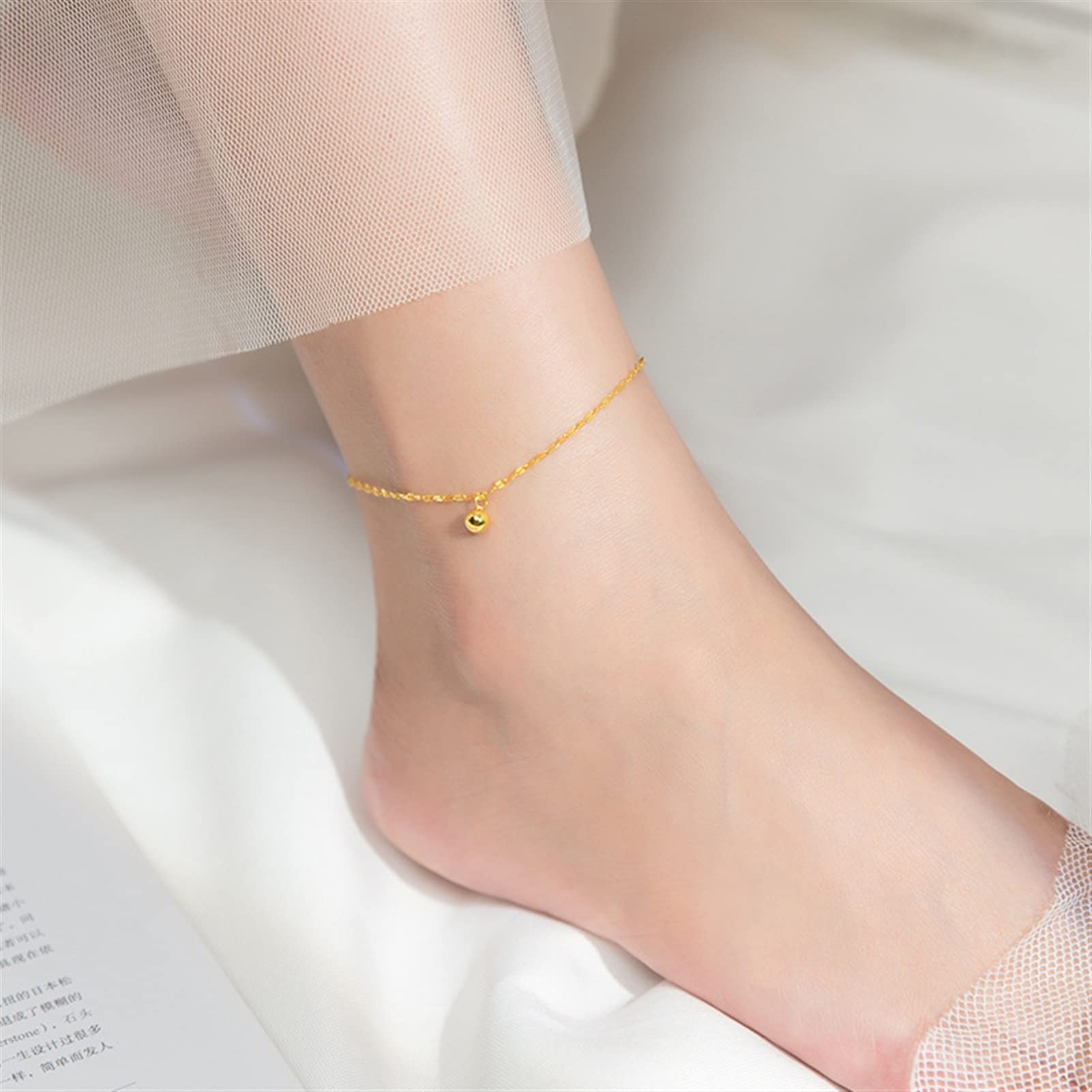 Fußkettchen Fußkettchen für Damen, 925er Sterlingsilber, goldene glänzende Perlen, Fußkettchen für Damen, Strandparty, Fußschmuck, Zubehör, Damen-Fußkettchen (Farbe: B)