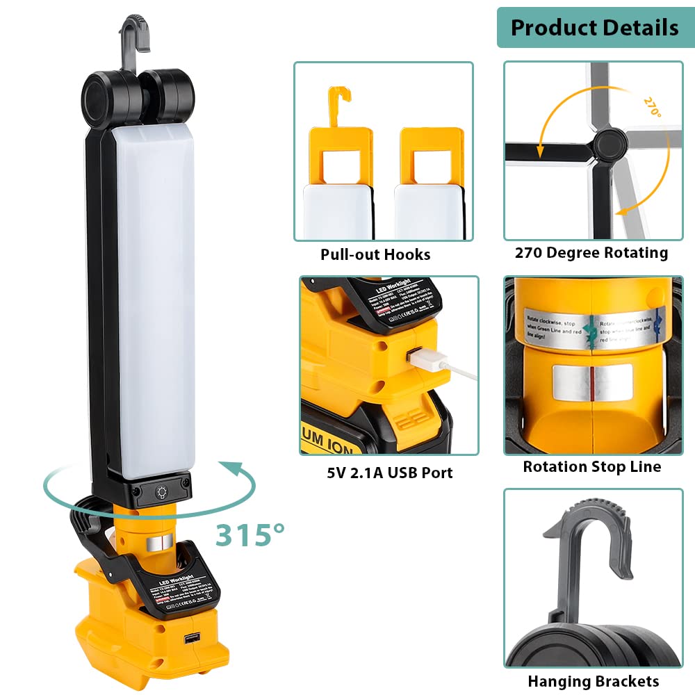 18V Lampe de Travail sans Fil à LED Lampe de Camping Compatible avec Dewalt 18V la Batterie au Lithium Lampe Clip avec Port USB pour l'entretien Automobile Éclairage de Grenier de Camping