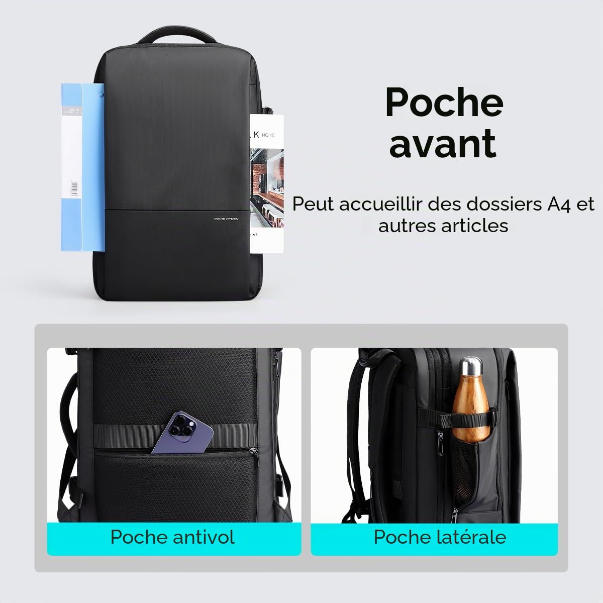 MARK RYDEN Sac à dos de voyage d'affaires de 30 à 45 l, sac à bandoulière étendu, sac à dos multifonction humide et sec, convient pour sac d'ordinateur de 17,3 pouces, sac à main, vert, 20(30)*31*48