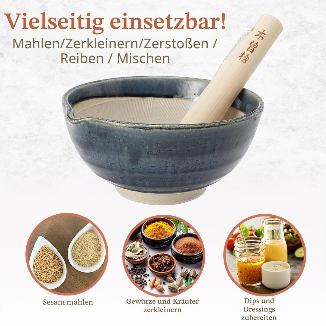 TIKUSAN Keramik-Mörser und Stößel (Suribachi & Surikogi) Set mit Ausgießer, hergestellt in Japan, Mino Ware (groß, blau)
