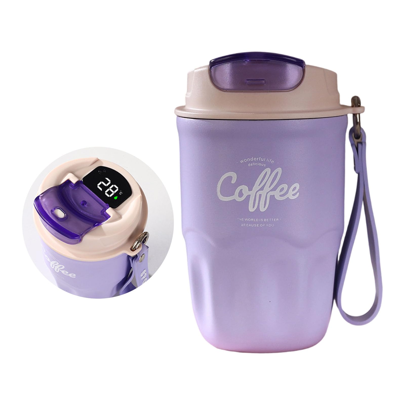 Elnwnnkc Insulated Travel Mug Stainless Steel Coffee Cup with Carry Strap, Drinking Lid and Compact Desk Drink Carry Use Compact Daily Tea Water