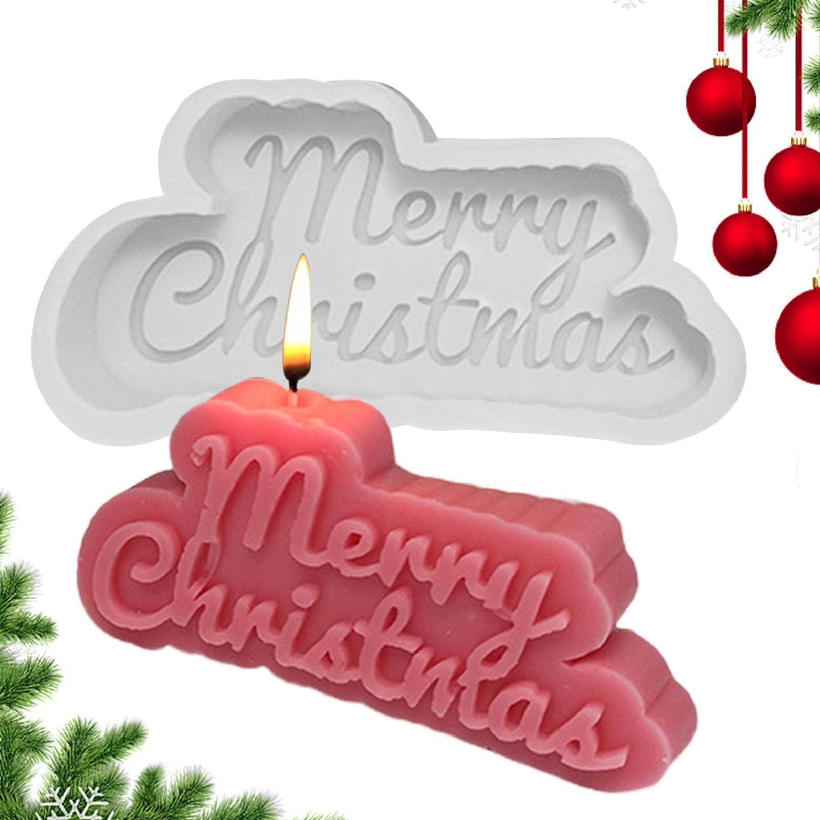 Hearthxy Silicone Mold Christmas Candle Moulds Personalized DIY Merry Christmas Letter Mould Fondant Molds Christmas Candle Mold Cake Cupcake Decoration for Making Chocolate Candle Soap