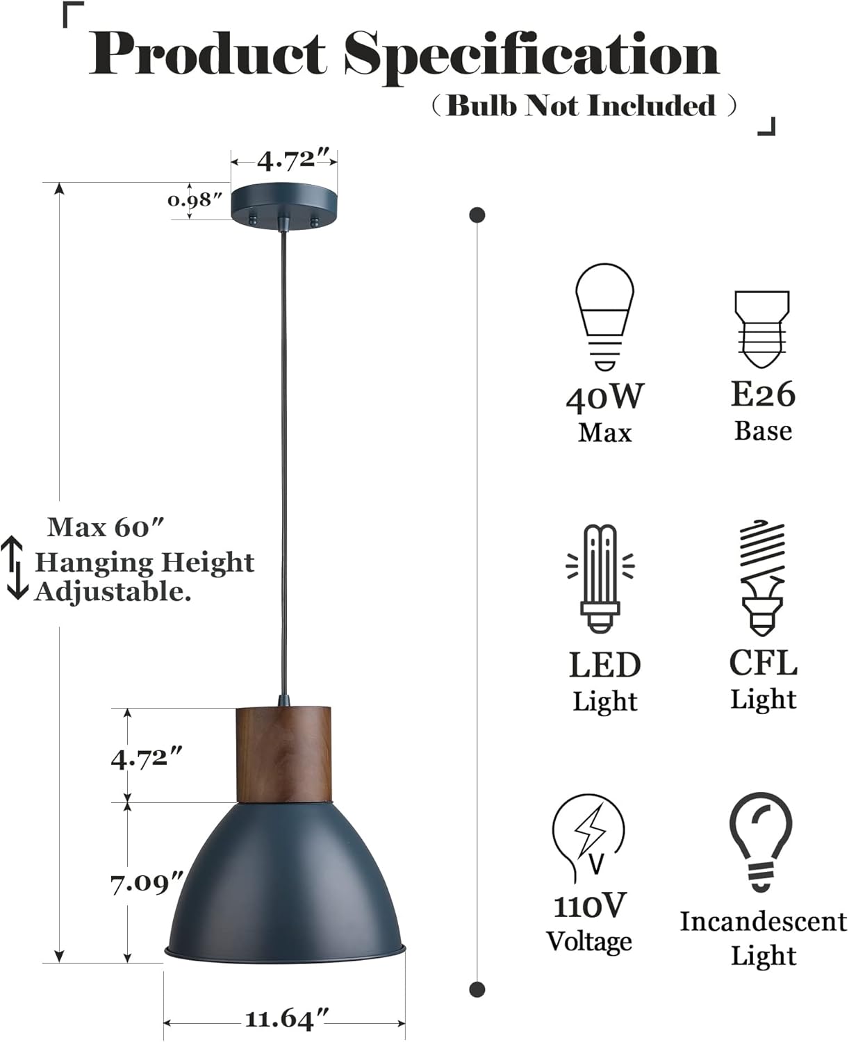 ELYONA Modern Pendant Light for Kitchen Island, Wood Hanging Light 11.6" Metal Shade, Adjustable Height, Pendant Light Fixture for Dining Room, Coffee Bar, Living Room, Bedroom - Dark Blue : Everything Else