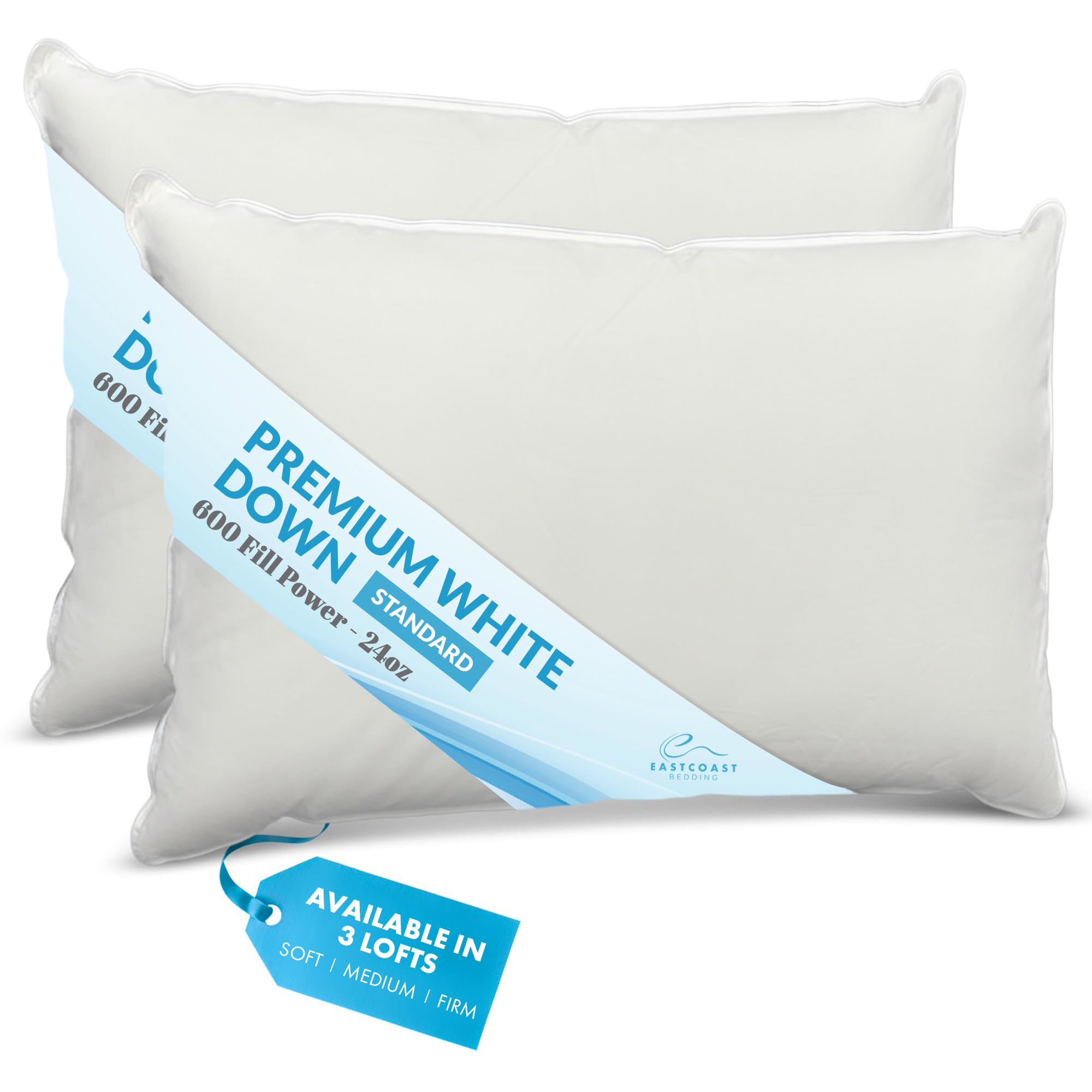 Luxury Duck Down Pillow - White Duck Down Pillow with 600 Fill Power, 400 Thread Count, 100% Cotton Cover - Firm Pillows for Sleeping and Support - Standard, 20"x26" (1 Pack)