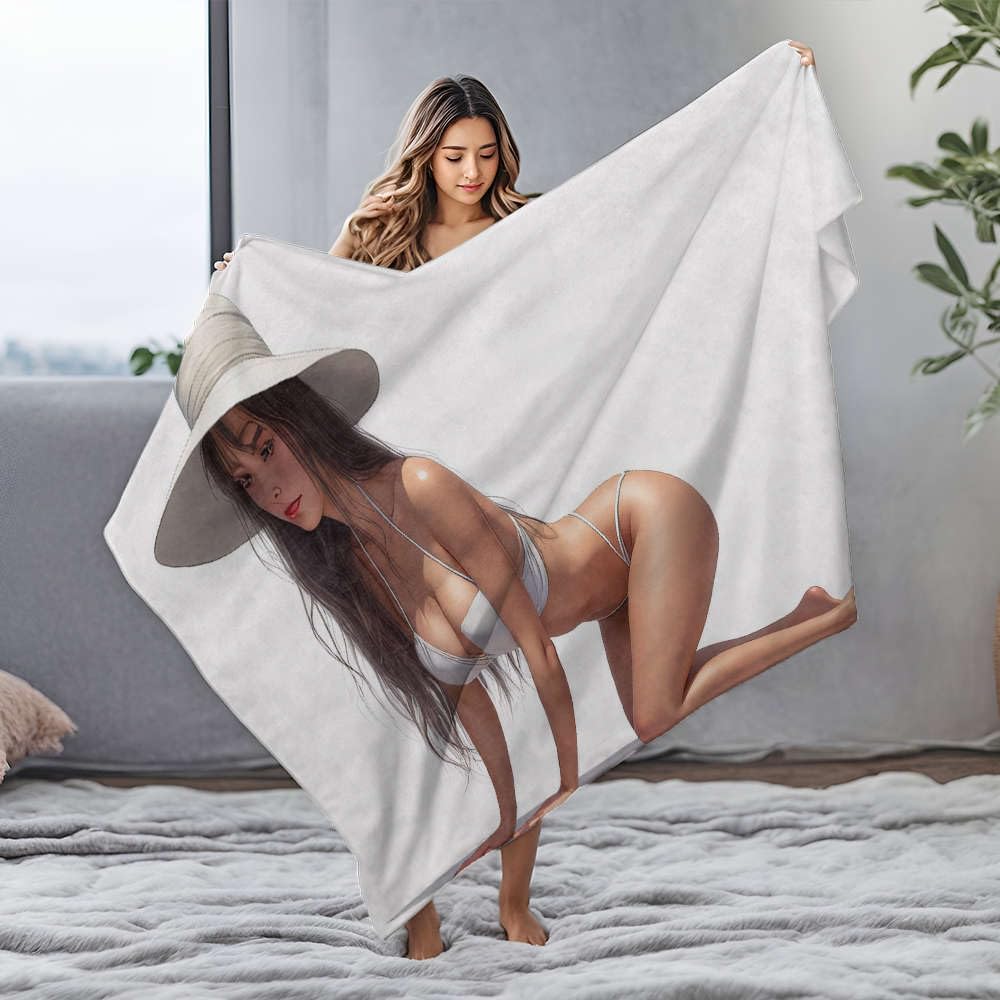 Couverture flanelle femme en bikini blanc fini le froid sur le canapé