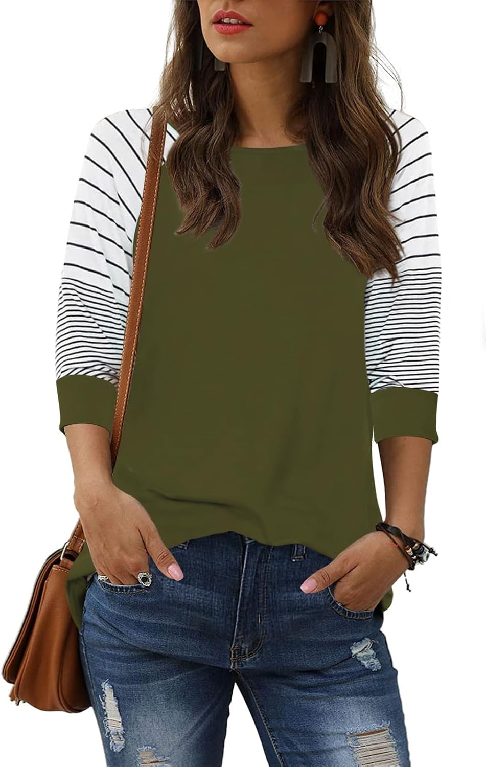 ReachMe Women’s Casual 3/4 Sleeve T Shirts Crewneck Striped Raglan Sleeve Tee Shirts Loose Fit Blouses
