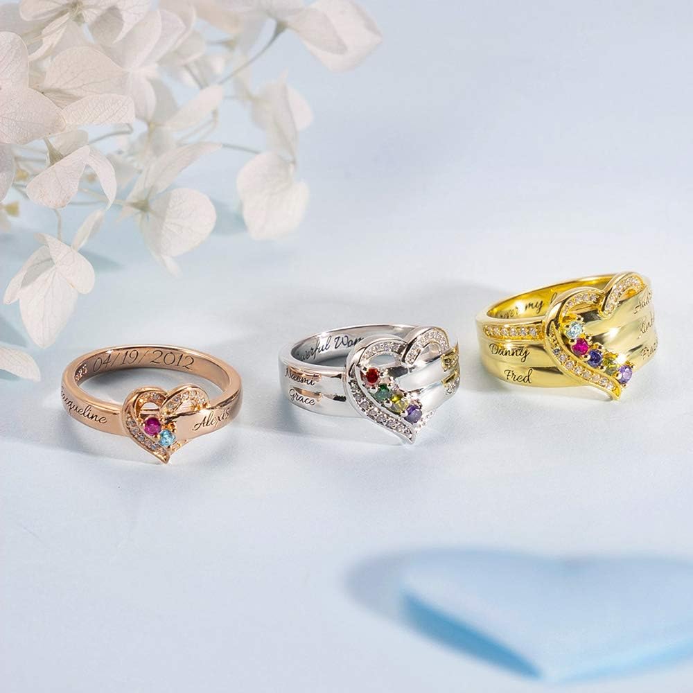 AILIN Custom Heart Mom Rings 925 Sterling Silver Personalized 1 2 3 4 5 6 7 8 Simulated Birthstone Rings Mother Day Birthday Wedding Engagement Anniversary Engraved Name Rings Gifts For Wife Grandmother Nana Women From Daughter Husband Son : Clothing, Shoes & Jewelry