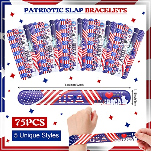 Jexine 150 Pcs 4Th Of July Accessories Include 75 Slap Bracelets And 75 American Flag Silicone Bracelet, Blue Red And White Parade Throws Bulk Independence Day Gifts For Girls Boys Kids Party #TOP2