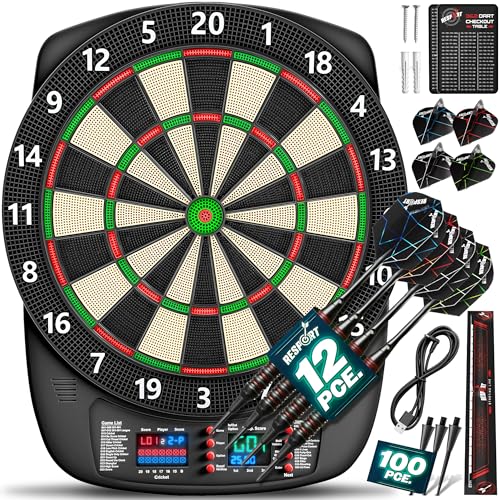 RE:SPORT® Cible de fléchettes électronique professionnelle avec 12 flèches + 24 ailettes Pro + 100 pointes de fléchettes et accessoires | Machine à...