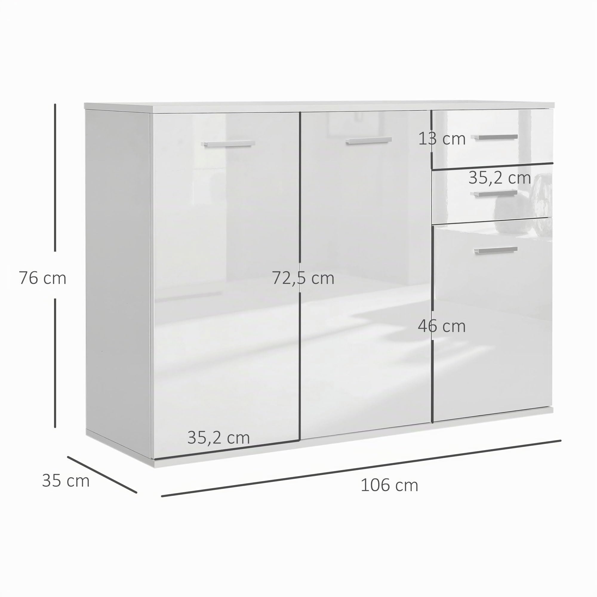 HOMCOM Buffet Salon Haut Brillance 106 x 35 x 76 cm Blanc | Meuble de Rangement, 2 Tiroirs, 3 Portes, Étagère Réglable, Style Contemporain, Buffet Salle à Manger et Cuisine