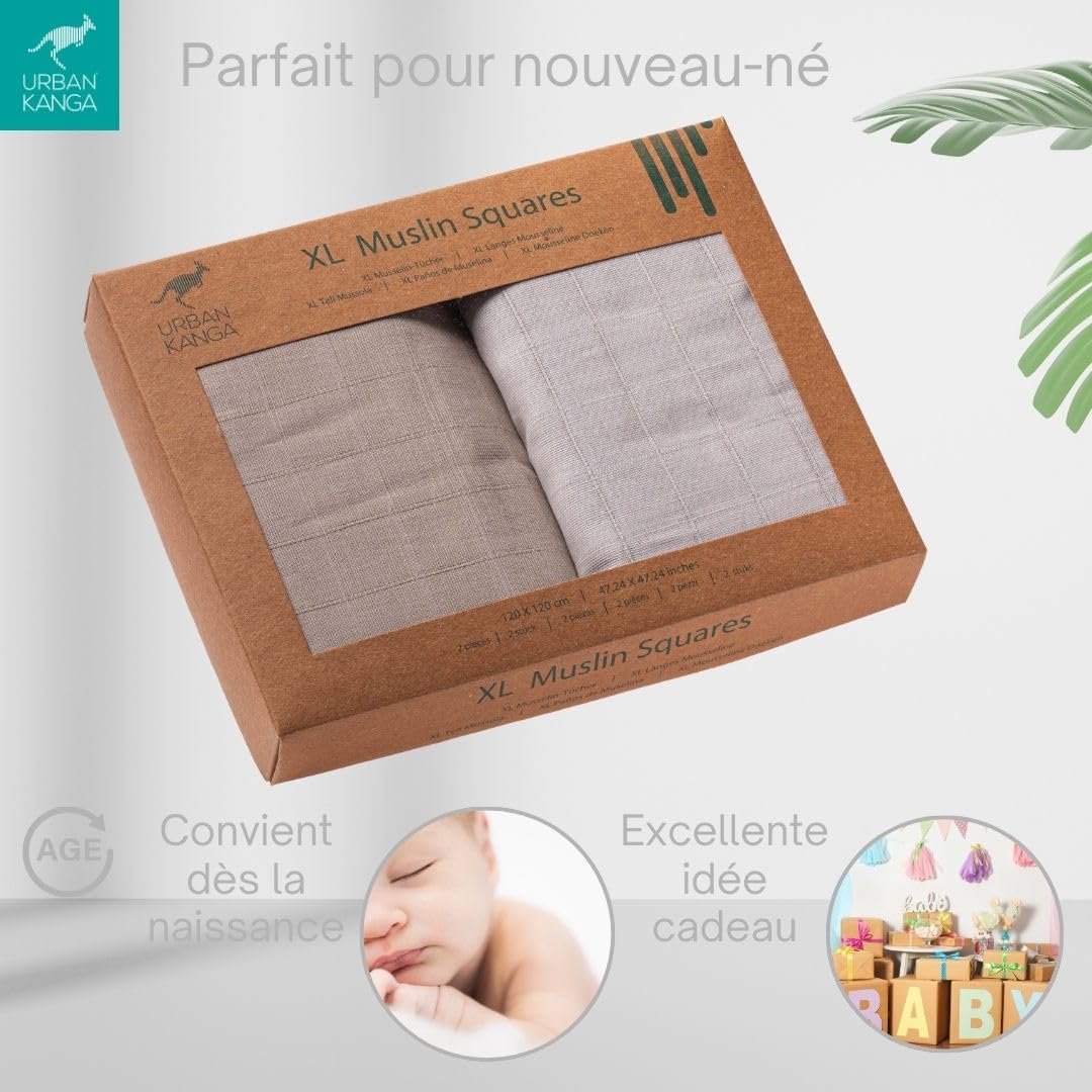 Urban Kanga Langes Bébé Mousseline 120x120 cm Pack de 2 | Certifié Oeko-Tex, doux et respirant