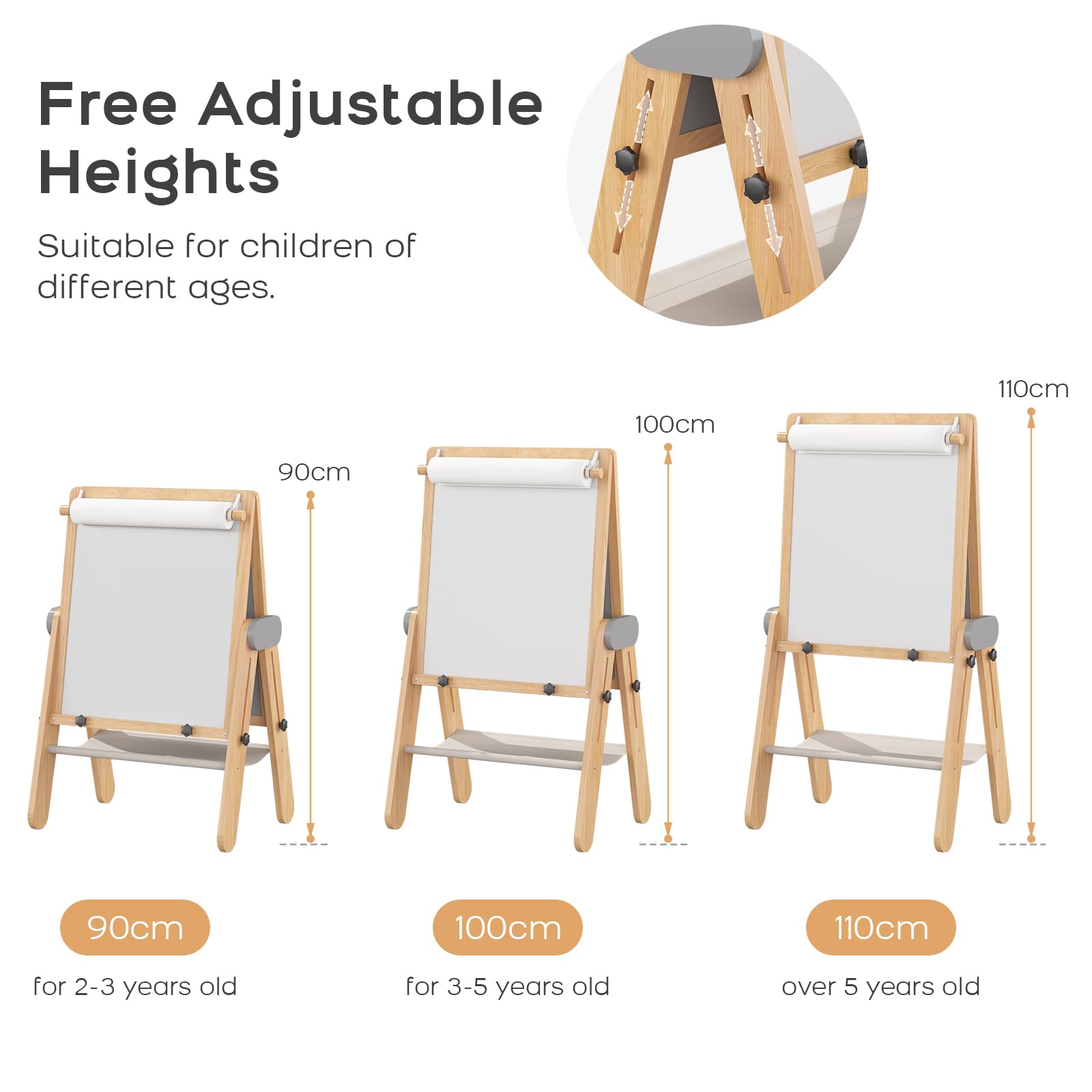 BanaSuper 3-in-1 Kinder Staffelei Magnetische Tafel & Whiteboard mit 30% Größerer Malfläche | Höhenverstellbar (90-110 cm), Klappbar & 80% Vormontiert | Kunst Staffelei für Kinder, Grau