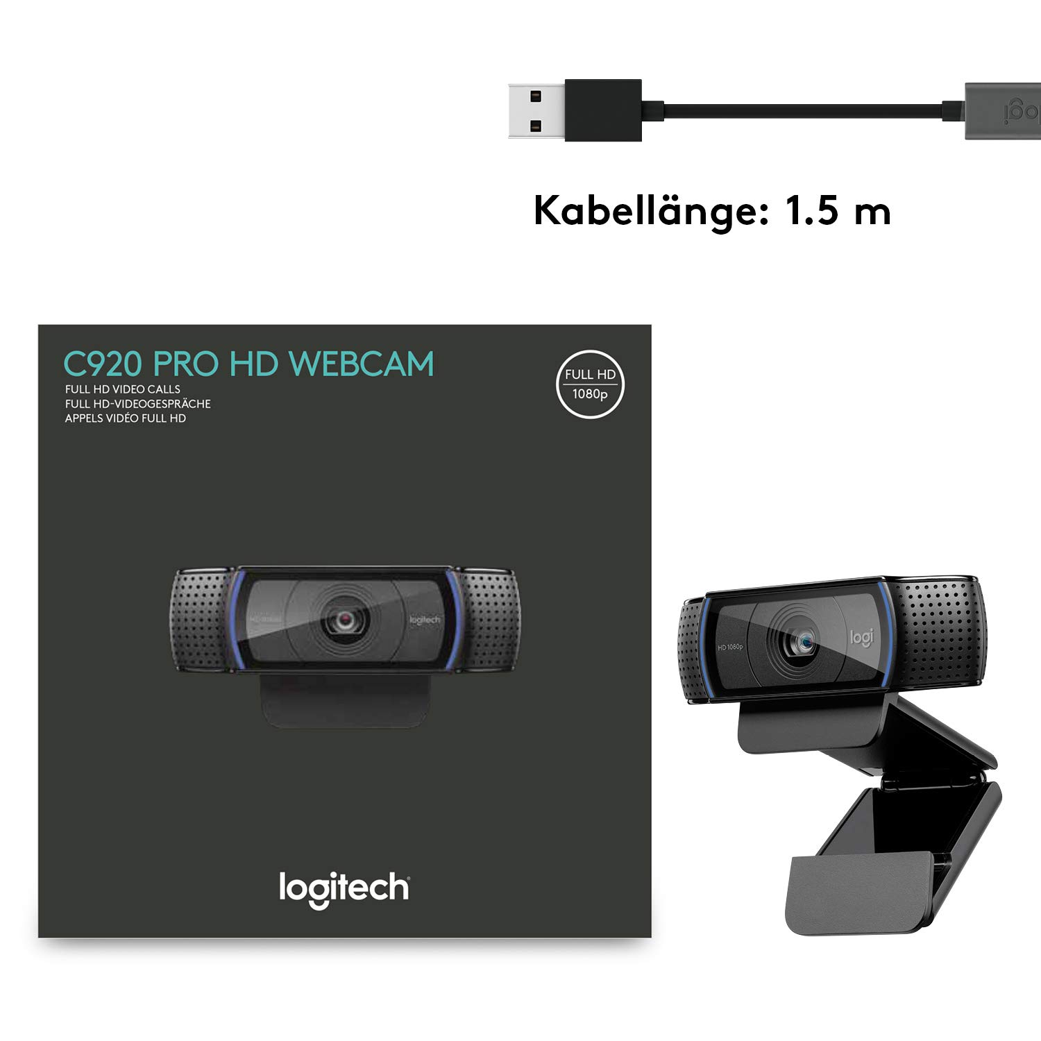 Logitech C920 HD PRO Webcam, Full-HD 1080p, 78° Sichtfeld, Autofokus, Klarer Stereo-Sound, Belichtungskorrektur, USB-Anschluss, Für Skype, FaceTime, Hangouts, etc., PC/Mac/ChromeOS/Android - Schwarz