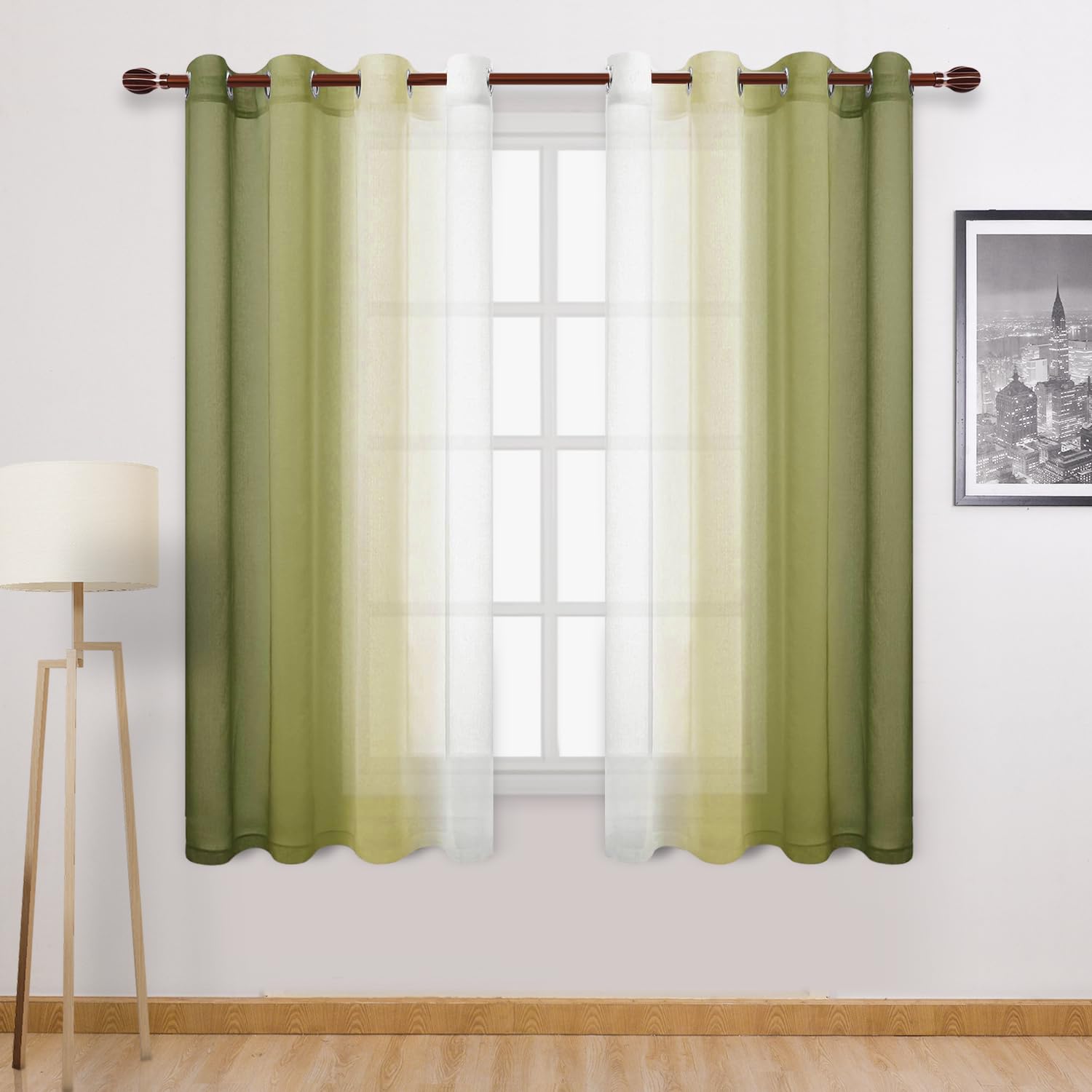 DWCN Faux Linen Ombre Sheer Drapes - Semi Voile Gradient Sheer Curtains for Bedroom and Living Room, Set of 2 Grommet Top Window Panels, 52 x 72 Inch Length, Olive Green — image 1
