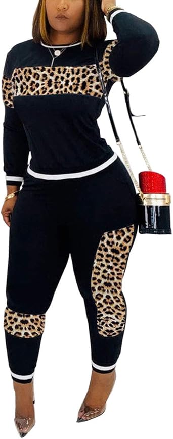 Alunzoem Womens Casual 2 Piece Outfits, Leopard Print Long Sleeve Top Pants Set Tracksuits