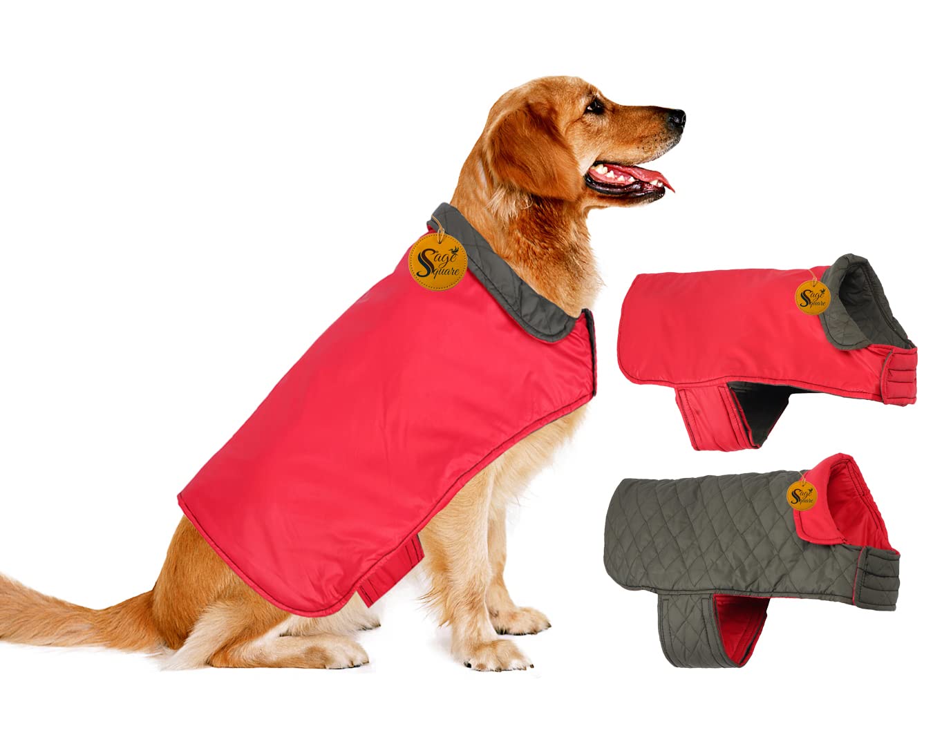 Sage SquareSage Square Reversible Quilted Dog Winter Coat Jacket – Windproof, Waterproof, Pet Apparel, Insulated, Soft & Snug, Adjustable, Warm & Cozy for Indoor/Outdoor (Quilt Red, XL - 20 Inch)